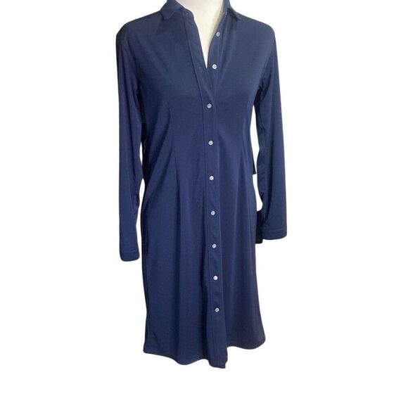 J Crew Navy Blue Belted Long Sleeve/Tab Sleeve Button Down Shirt Dress XS - Picture 1 of 6